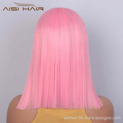 Aisi Hair Medium Long 16 Inch Cosplay Pink Wig Front Lace Wig Silky Straight Synthetic Lace Frontal Hair Wigs For Black Women